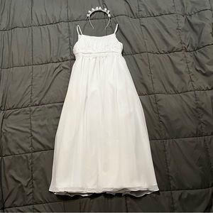 David’s Bridal White Flower Girl Dress with Beading at the Waist with Headband